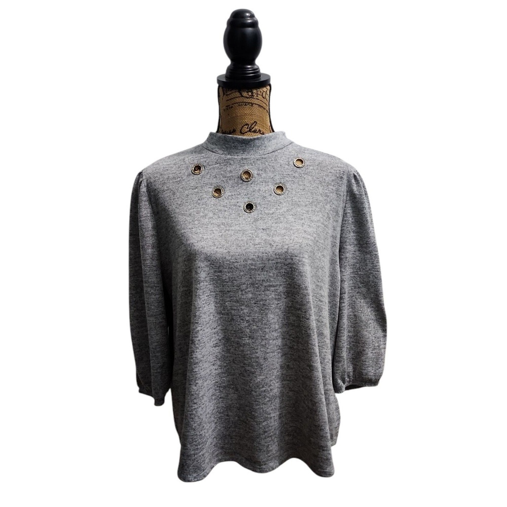 Louise Paris Mock Neck Top‎ Eyelet Detail Blouse Pullover Heather Gray 2X